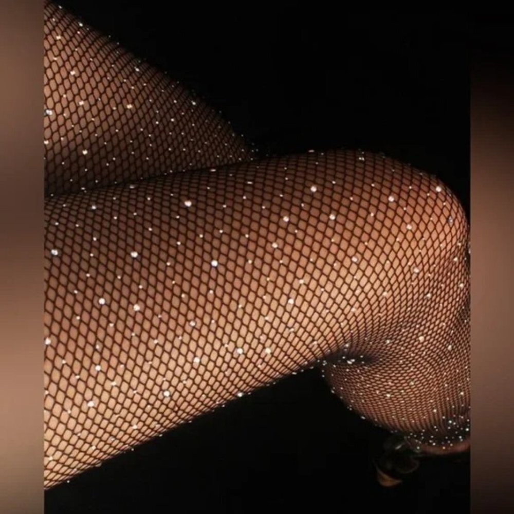 Women's Black Net Mesh Rhinestone Stretch Transparent Stockings Tights - Picture 1 of 3
